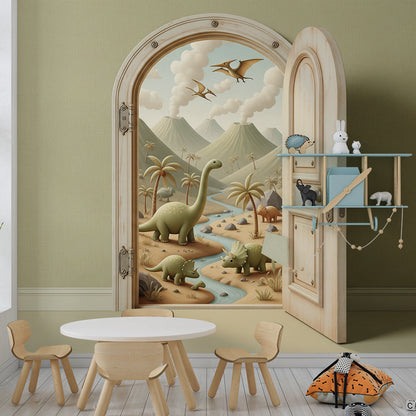 Kids-Mundo open-door dinosaur mural bringing a desert valley scene into a playroom