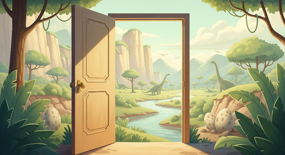 Kids-Mundo flat artwork of the open door dinosaur eggs jungle mural design