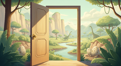 Kids-Mundo flat artwork of the open door dinosaur eggs jungle mural design