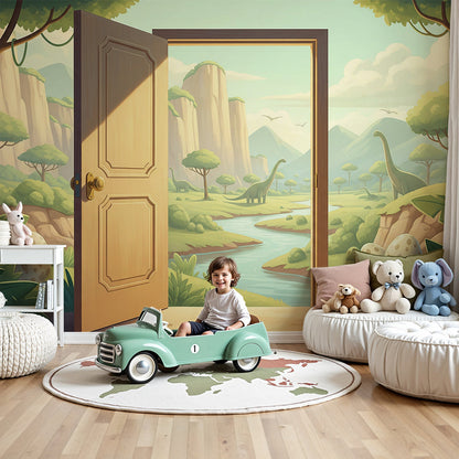 Kids-Mundo dinosaur eggs jungle doorway mural in a warm sunlit nursery room