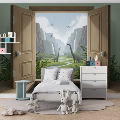 Kids-Mundo dinosaur valley mural behind a bed, made to look like open doors in a kids bedroom.