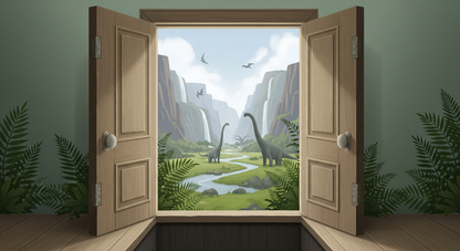 Kids-Mundo flat artwork of open wooden doors revealing a valley of dinosaurs and waterfalls.