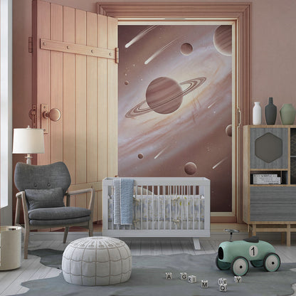 Kids-Mundo galaxy door wall mural covering a feature wall in a boys' kids bedroom