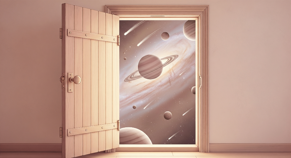 Flat artwork preview of the Kids-Mundo open door galaxy wall mural with ringed planet