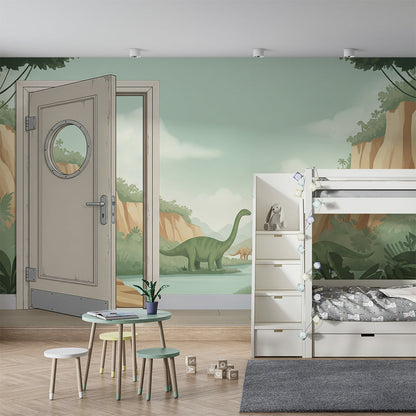 Kids-Mundo dinosaur doorway wall mural covering a child's bedroom feature wall.
