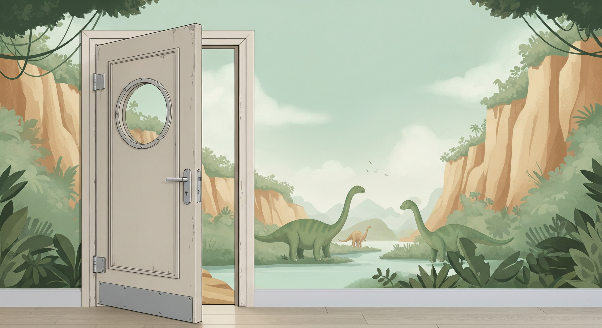 Kids-Mundo flat artwork preview of the open door jungle dinosaur mural design.