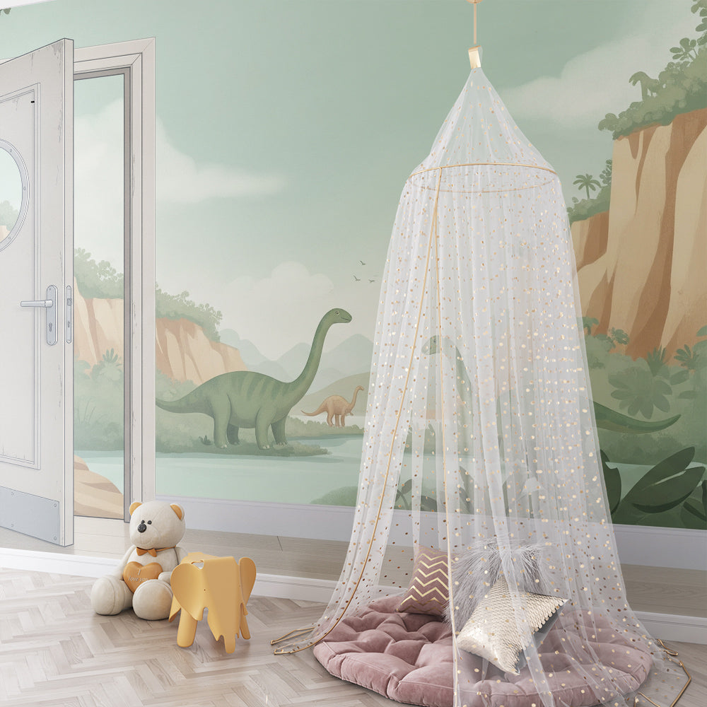 Kids-Mundo open door dinosaur mural bringing lagoon adventure to a playroom wall.