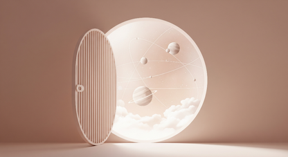 Kids-Mundo flat artwork of an open door revealing a glowing moon portal and soft clouds