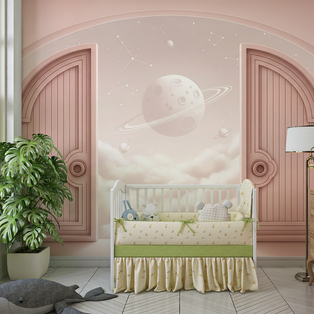 Kids-Mundo ringed planet doors wall mural on a feature wall in a kids bedroom
