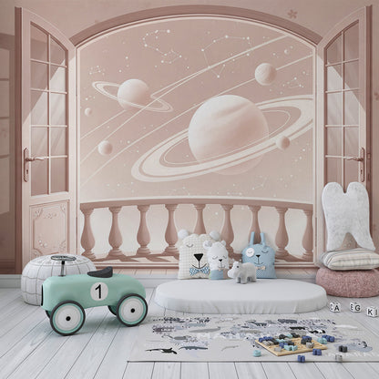 Kids-Mundo French doors planet wall mural styled in an elegant kids bedroom