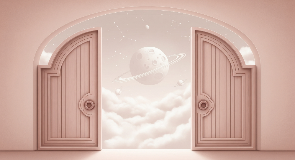 Flat artwork preview of the Kids-Mundo open doors ringed planet starry sky wall mural