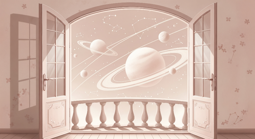 Kids-Mundo flat artwork preview of the open doors ringed planet view wall mural design