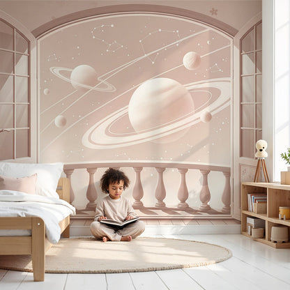 Kids-Mundo open doors and ringed planet wall mural in a soft blush baby nursery