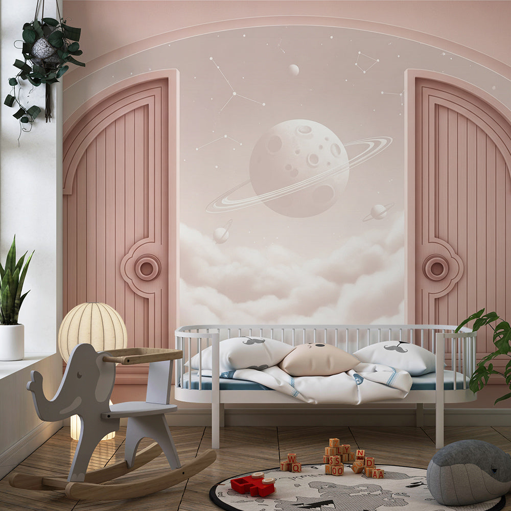 Open doors wall mural from Kids-Mundo shown along one wall of a starry playroom