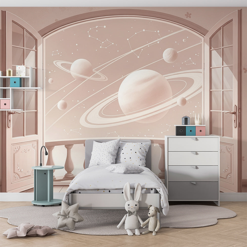 Kids-Mundo ringed planet balcony wall mural featured in a bright children's playroom