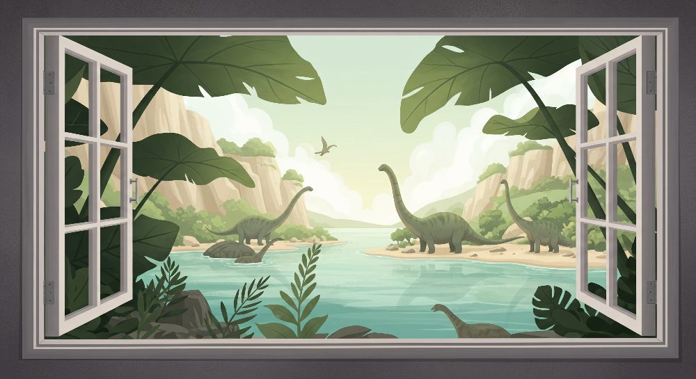 Kids-Mundo flat artwork of the open window jungle river dinosaur mural design