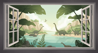 Kids-Mundo flat artwork of the open window jungle river dinosaur mural design
