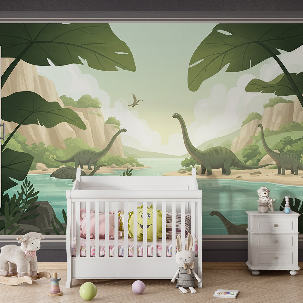 Kids-Mundo dinosaur river window mural decorating a bright children's playroom
