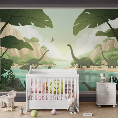 Kids-Mundo dinosaur river window mural decorating a bright children's playroom