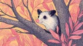 Detailed opossum and pink forest foliage mural wallpaper design pattern by Kids-Mundo