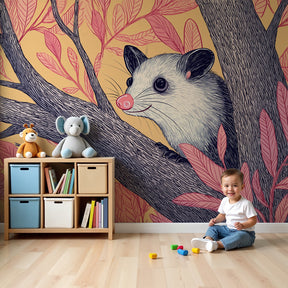 Curious opossum mural wallpaper in cozy children's nursery with wooden furniture by Kids-Mundo