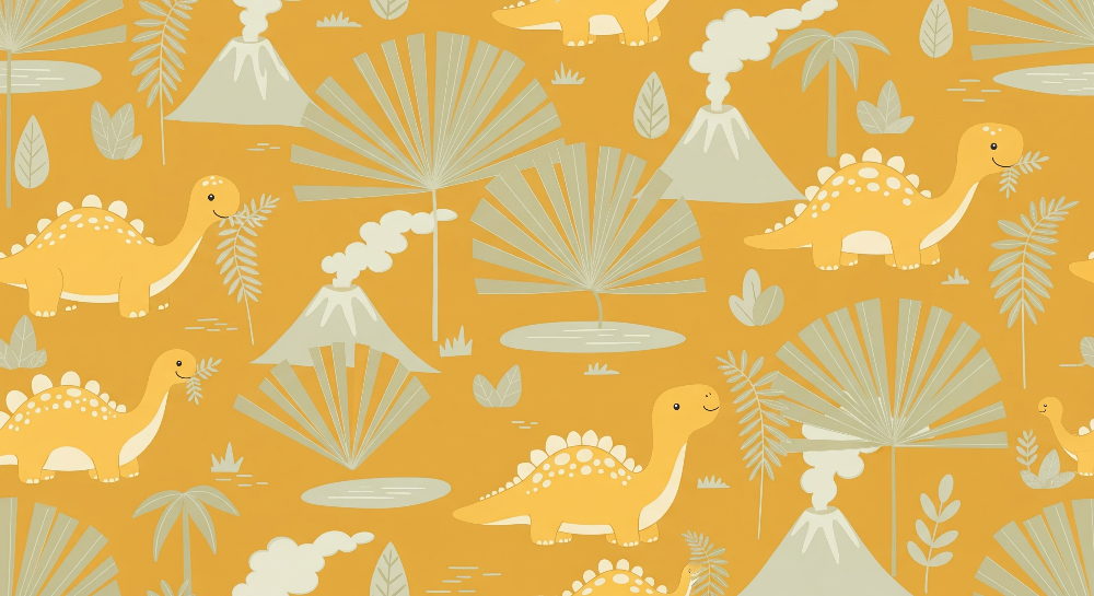 Flat artwork of the Kids-Mundo orange dinosaur and volcano wall mural pattern on mustard