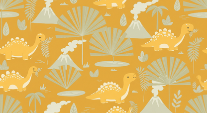 Flat artwork of the Kids-Mundo orange dinosaur and volcano wall mural pattern on mustard