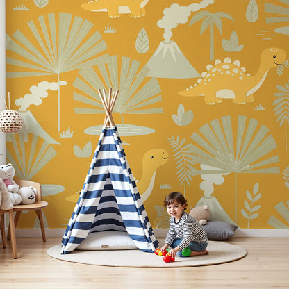 Kids-Mundo orange dinosaur volcano wall mural styled in a warm nursery with a cot and rug