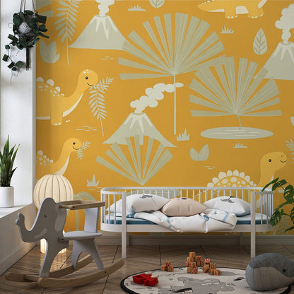 Kids-Mundo orange dinosaur mural covering a playroom wall with toy shelving