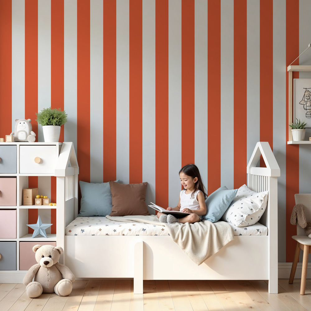 Orange and white stripe mural wallpaper in modern nursery room by Kids-Mundo