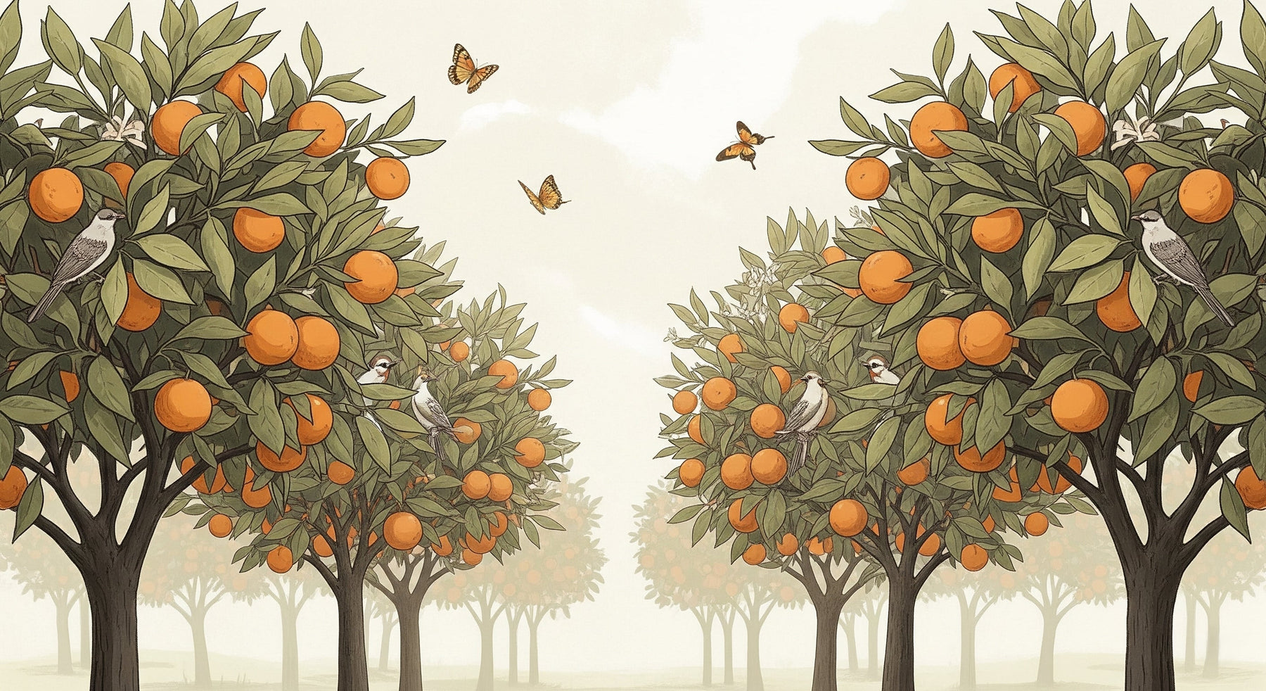 Detailed orange tree and birds mural wallpaper design pattern by Kids-Mundo showing botanical elements