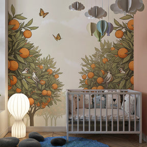 Botanical orange tree wallpaper in bright kids playroom featuring singing birds and fruit trees
