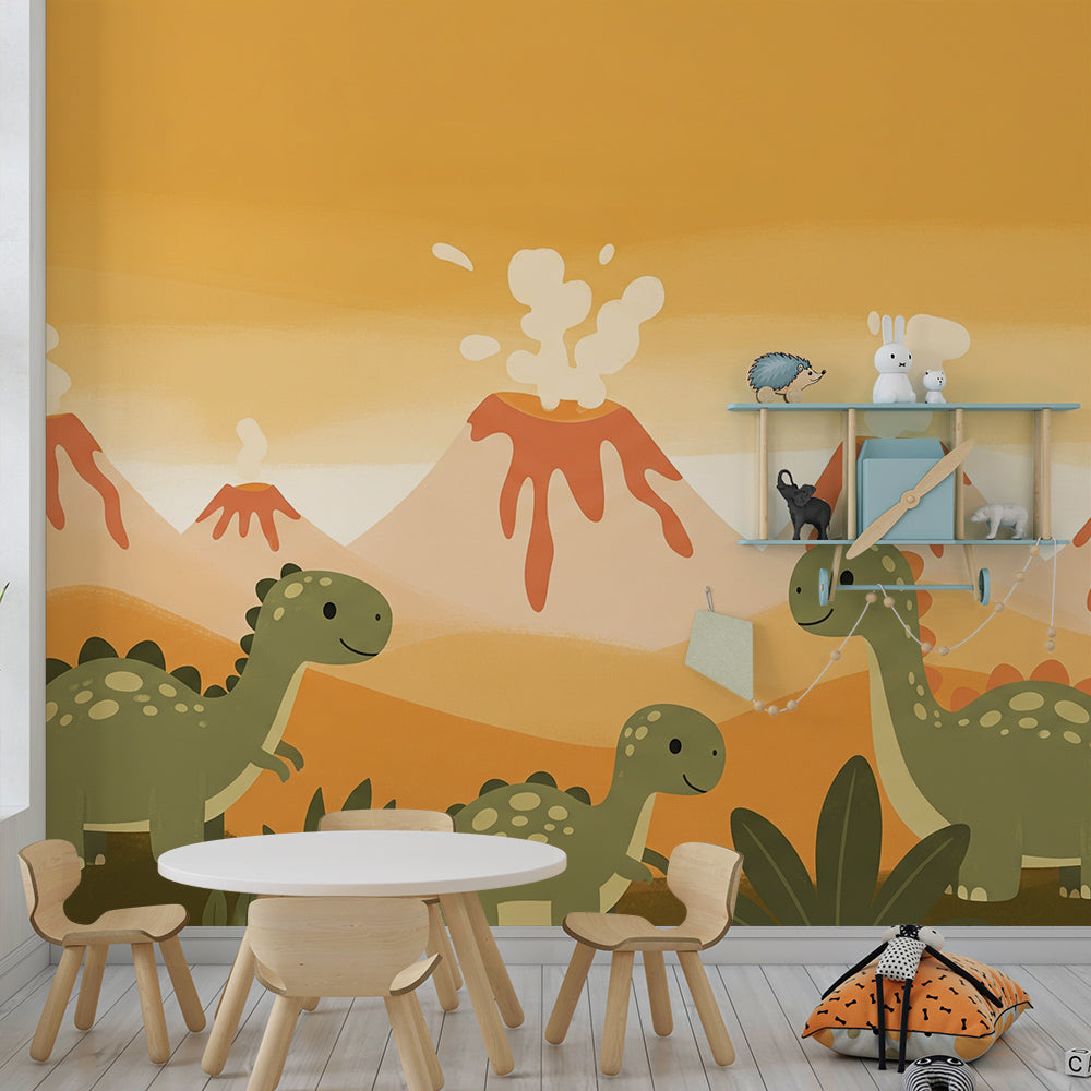 Kids-Mundo volcano valley dinosaur mural bringing adventure to a bright playroom wall.