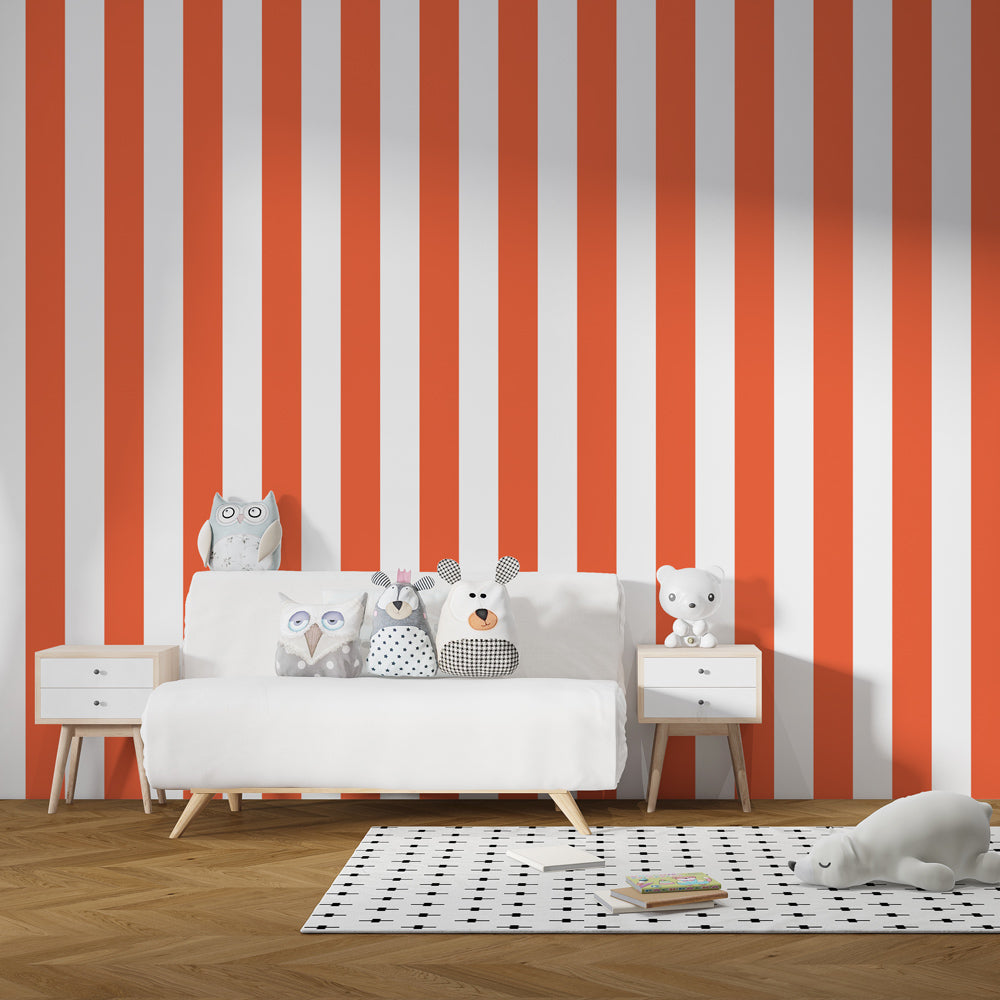 Kids-Mundo orange stripe wall mural in a bright, cheerful kids bedroom.