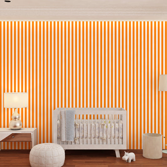 Kids-Mundo bold orange stripe wall mural in a modern kids bedroom setting