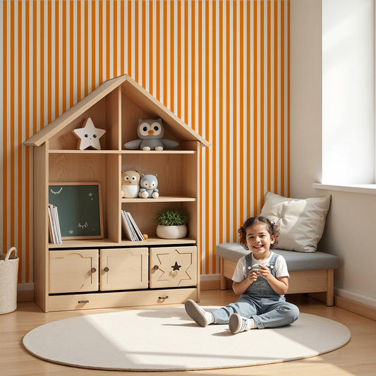 Kids-Mundo orange and white stripe wall mural in a bright modern nursery