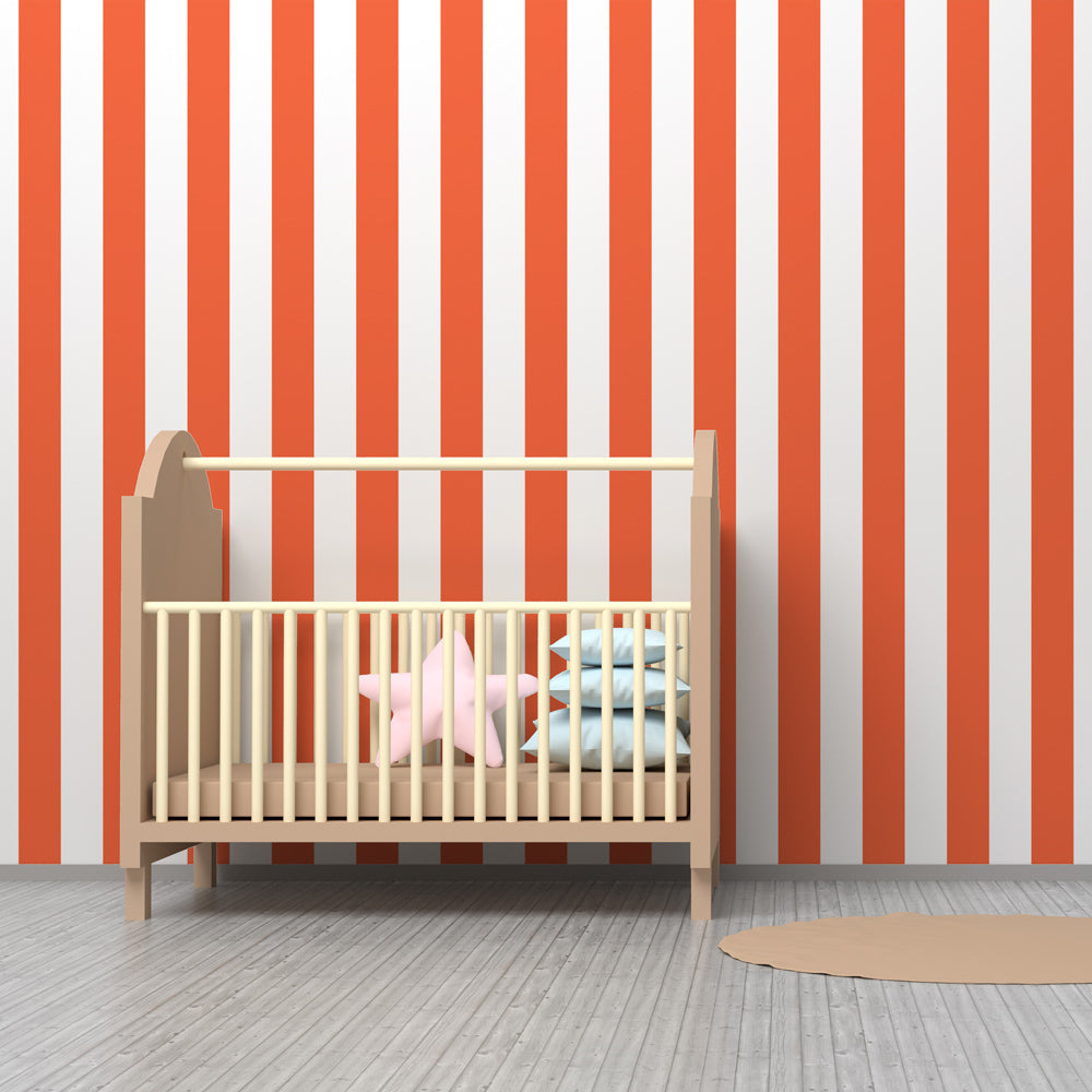 Kids-Mundo orange and white striped wall mural in an energetic children's playroom.