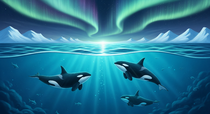 Kids-Mundo flat artwork of orcas swimming beneath a green and violet aurora borealis sky