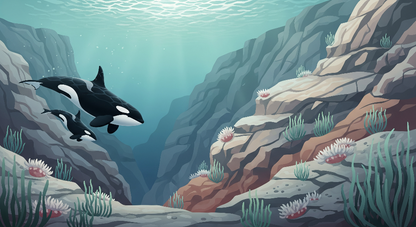 Kids-Mundo flat artwork of an orca and calf swimming through a rocky reef canyon
