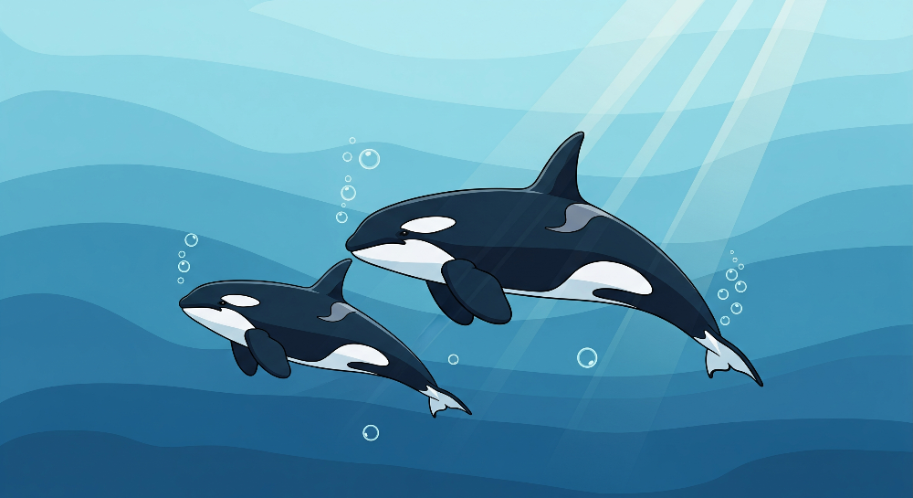 Kids-Mundo flat artwork of a mother orca and calf swimming through golden underwater light