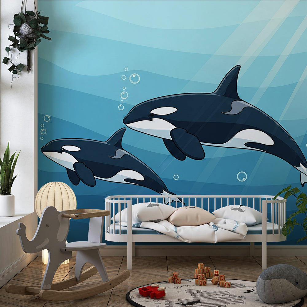 Kids-Mundo orca and calf wall mural covering a wall in a cosy children's playroom