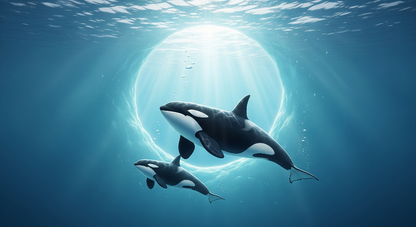 Kids-Mundo flat artwork of an orca and calf swimming toward a glowing circle of light