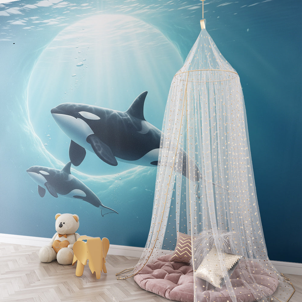 Kids-Mundo orca and calf wall mural covering a wall in a bright children's playroom