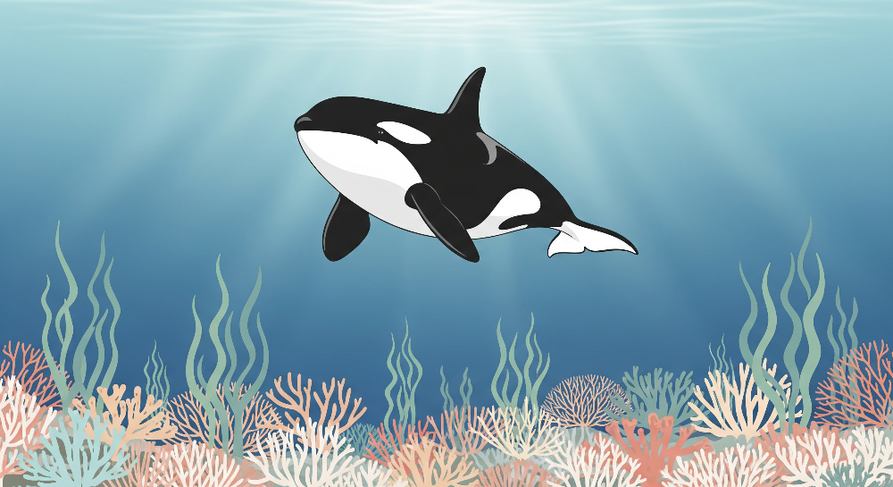Kids-Mundo flat artwork of an orca swimming above a colourful coral reef under bright sunlight