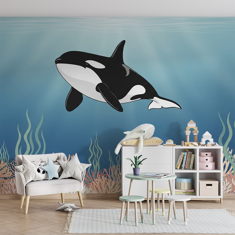 Kids-Mundo orca coral reef wall mural bringing a colourful underwater scene to a playroom