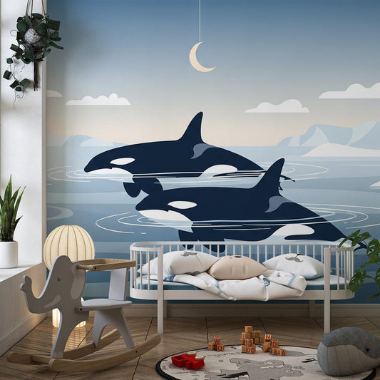 Kids-Mundo orca wall mural under a crescent moon, fitted to a kids' bedroom feature wall.
