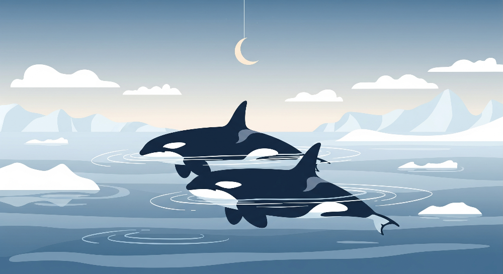 Two Orcas Swimming Under a Crescent Moon Wall Mural