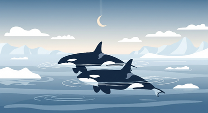 Kids-Mundo flat artwork of two orcas swimming beneath a crescent moon among icebergs.