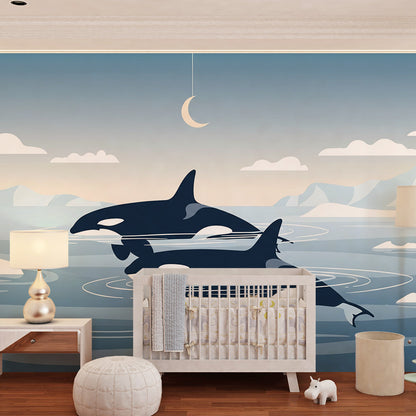 Kids-Mundo moonlit orca wall mural covering a playroom wall with icebergs and mist.