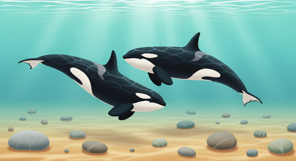 Kids-Mundo flat artwork of two orcas swimming over a sunlit pebbled seabed.
